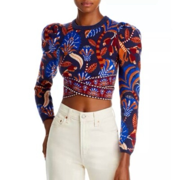 NWT Farm Rio Nature Beauty Knit Puff Sleeve Crop Sweater Top Blue Size M Blue - Picture 1 of 6